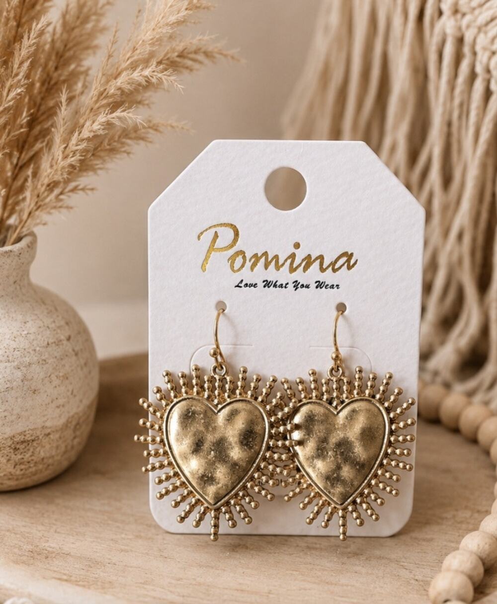 Pomina Gold Boho Heart Earrings New